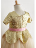 Gold Sequin Champagne Tulle Short Sleeves Tea Length Flower Girl Dress 
